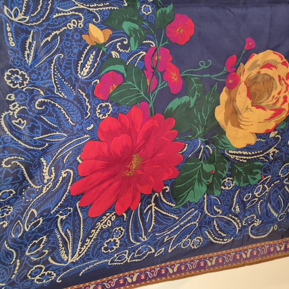 Silk Scarf Colorful Floral In Blues And Hot Pink - Picture 4 of 7